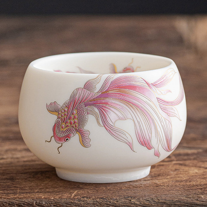 Taza de té de cerámica de porcelana blanca, pez Koi, Buddha Stones, taza de té de Kung Fu