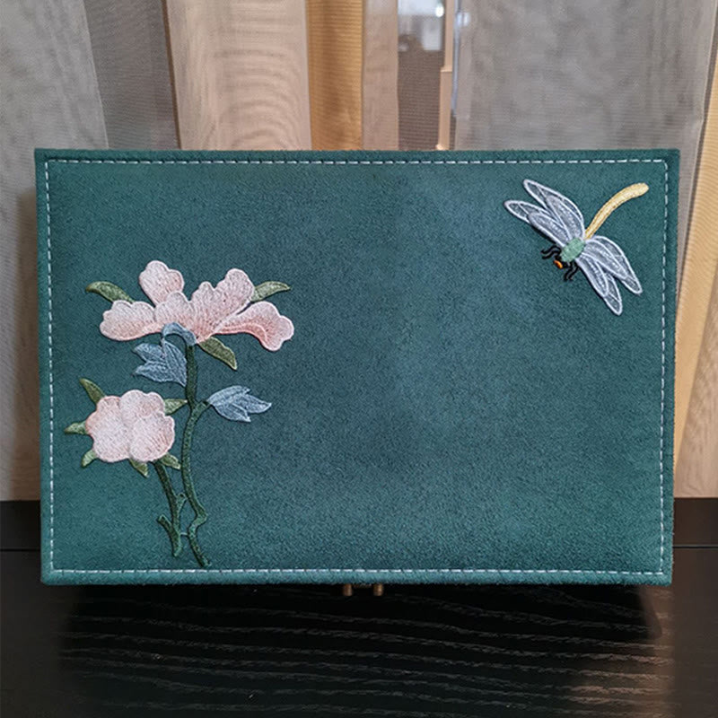 Caja organizadora de joyería con Buddha Stones , flores y libélula, caja de almacenamiento de joyería de una sola capa, caja de franela