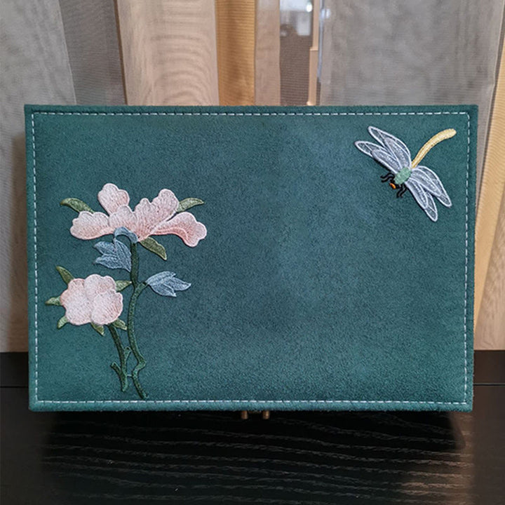 Caja organizadora de joyería con Buddha Stones , flores y libélula, caja de almacenamiento de joyería de una sola capa, caja de franela