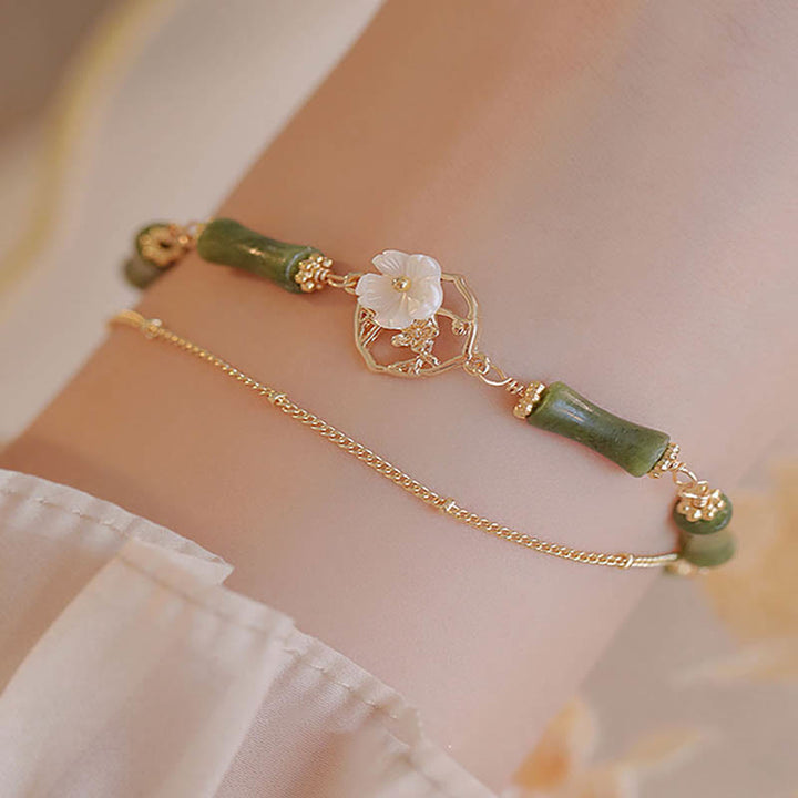 Pulsera de doble capa de cobre chapado en oro de 14 quilates con Buddha Stones , peridoto, flor de bambú y riqueza