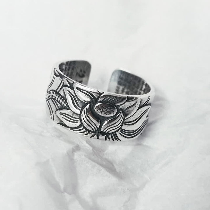 Anillo de protección Sutra de corazón con símbolo de loto de plata de ley 999 con Buddha Stones