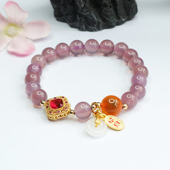 Buddha Stones, Calcedonia púrpura Natural, ágata de caramelo, hebilla de la paz, pulsera con amuleto de la suerte y la armonía