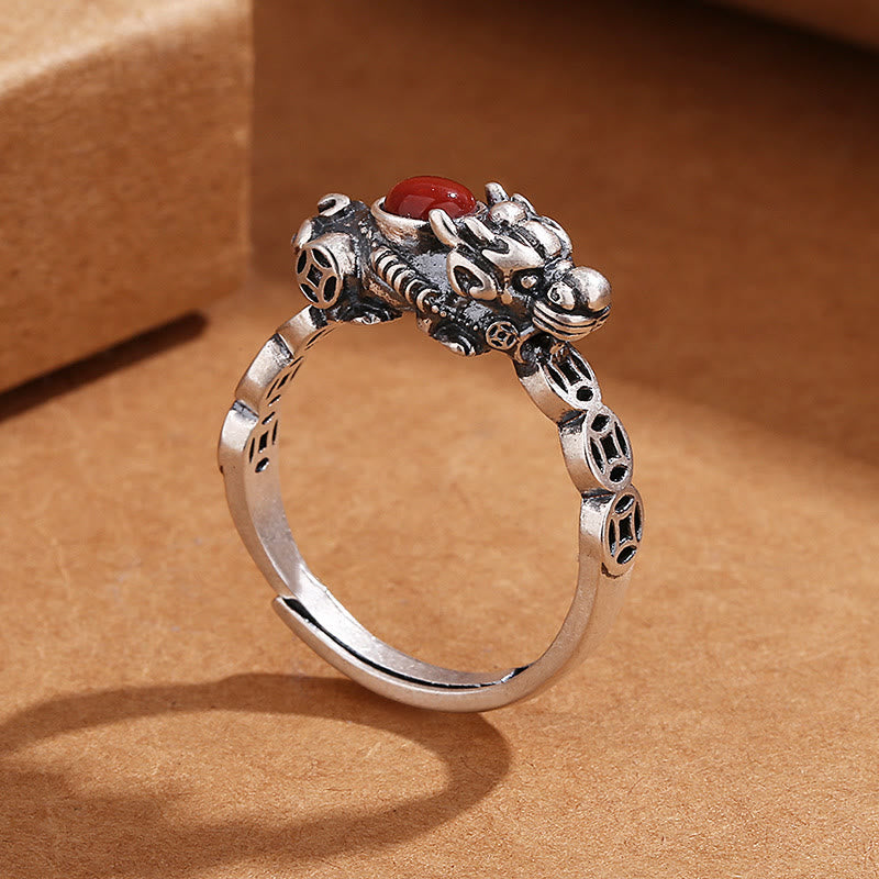 Anillo de la suerte de la riqueza de la ágata roja de la moneda de cobre de las Buddha Stones PiXiu