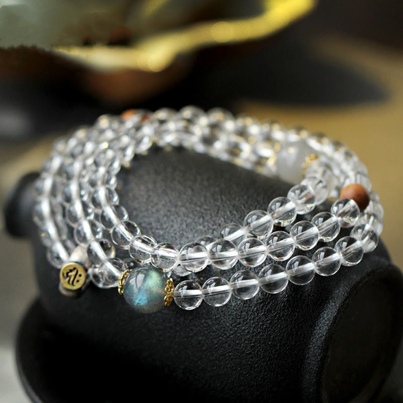 Pulsera de plata de ley 925 con Buddha Stones , zodíaco chino, Buda natal, cristal blanco, meditación, triple envoltura - Perro/Cerdo-Buda Amitabha - image 0