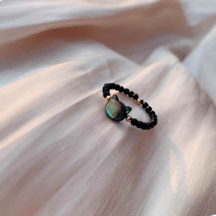 Buddha Stones Anillo de bendición de oro de 14 quilates con piedra Tridacna natural - Negro - image 1