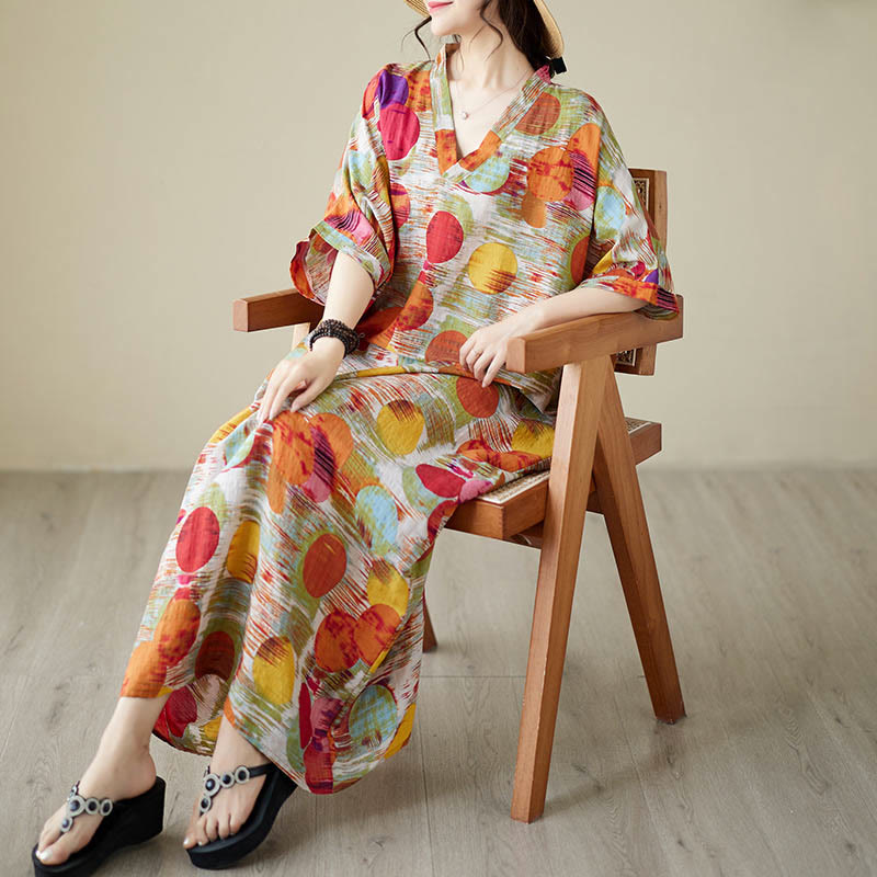 Vestido midi de lunares de colores azul naranja y piedras de Buddha Stones Vestido de media manga de algodón con bolsillos