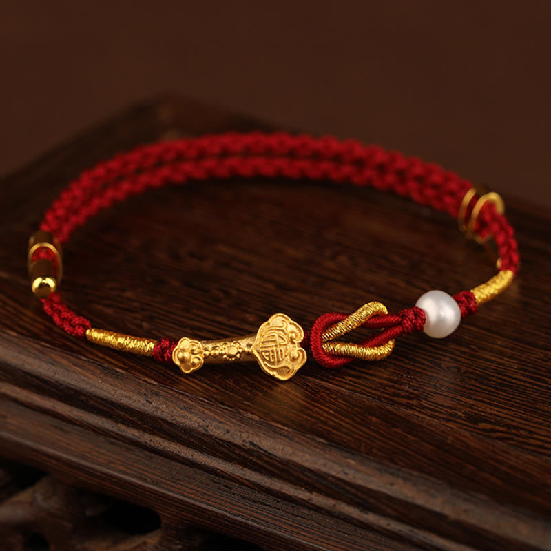 Pulsera trenzada de la suerte con perlas de conejo y mango de Ruyi del deseo de oro de 24 quilates con Buddha Stones