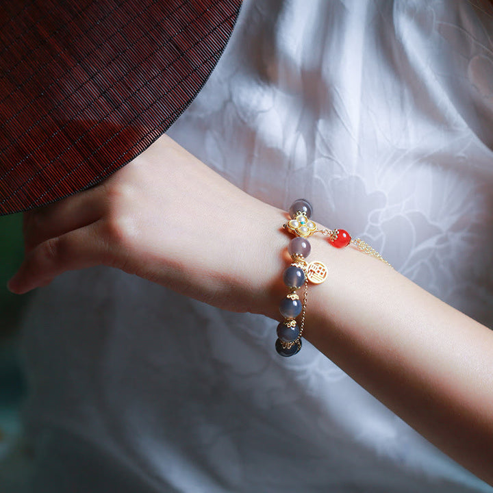 Pulsera de equilibrio con borlas y perlas de carácter Fu de ágata gris natural con Buddha Stones