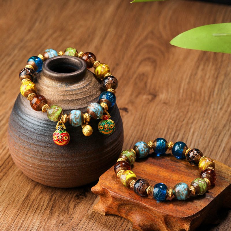 Pulsera de la fortuna con cuentas de cristal Liuli, dije de la familia de la bestia tragadora de oro con Buddha Stones