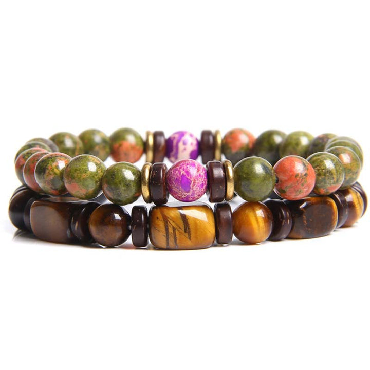 Buddha Stones 2 pulseras de cuentas de ojo de tigre de piedra emperador de cristal curativo