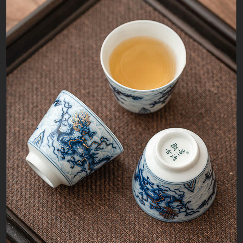Tazas de té de cerámica con diseño de dragón blanco y azul pequeño de Buddha Stones, tazas de té de Kung Fu de 45ml