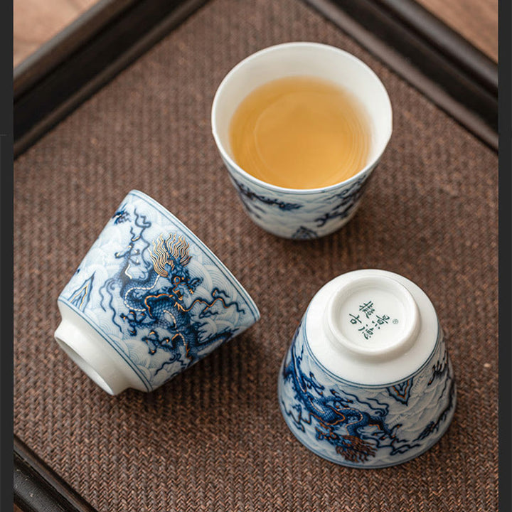 Tazas de té de cerámica con diseño de dragón blanco y azul pequeño de Buddha Stones, tazas de té de Kung Fu de 45ml