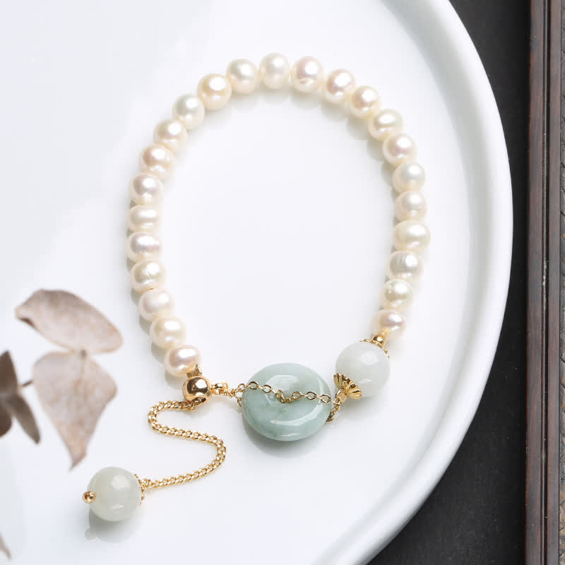 Pulsera de suerte de prosperidad con hebilla de paz y perlas de jade natural