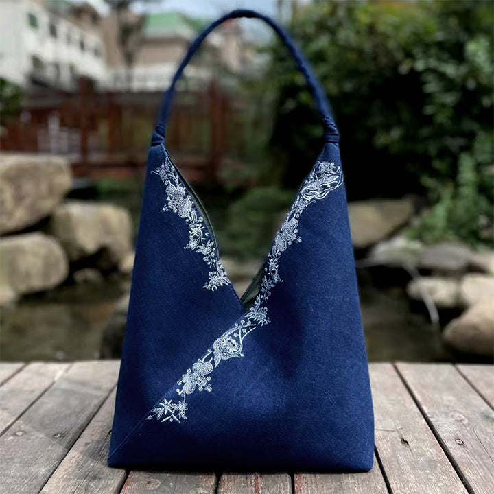 Conjunto de bolso de hombro de lona con patrón de bordado hecho a mano con Buddha Stones
