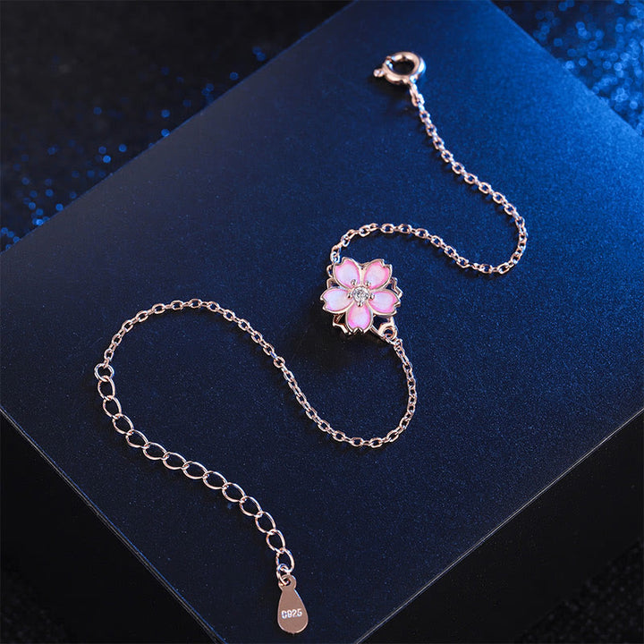 Pulsera con cadena de bendición de flor de cerezo de plata de ley 925 con Buddha Stones , anillo giratorio - image 3