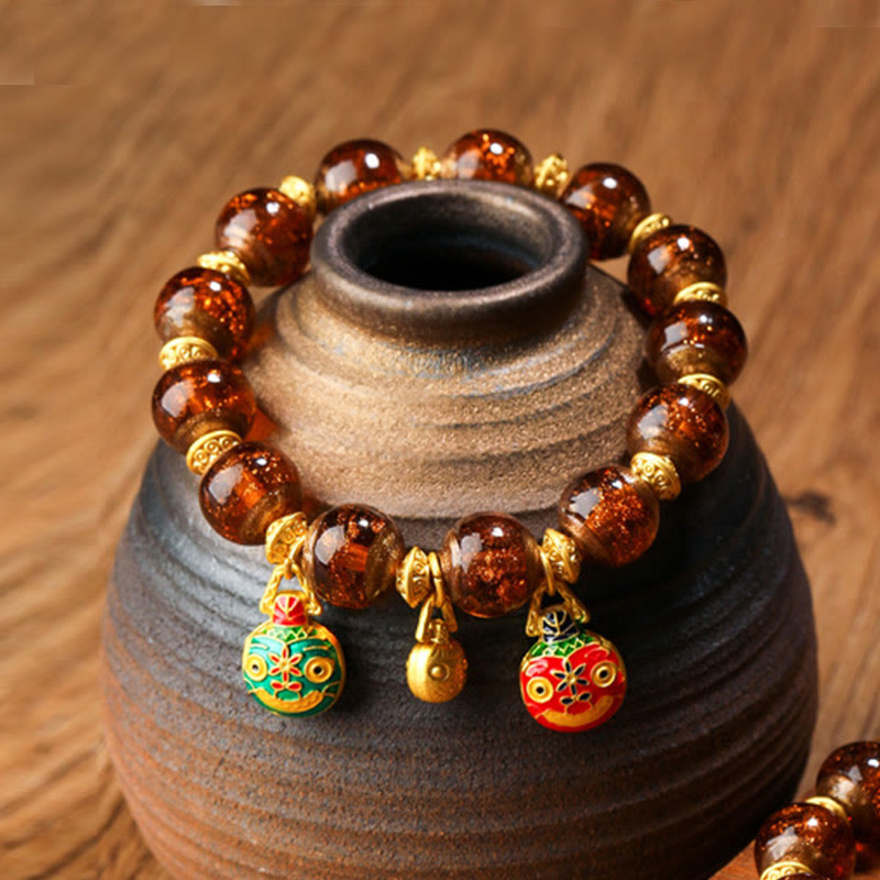 Pulsera de la fortuna con cuentas de cristal Liuli, dije de la familia de la bestia tragadora de oro con Buddha Stones - Marrón - Familia de bestias devoradoras de oro - 12 mm - image 17