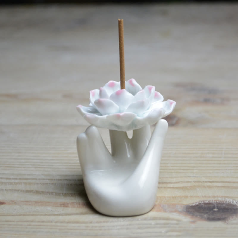 Quemador de incienso de meditación curativo a mano, pequeño loto de cerámica con Buddha Stones , decoración