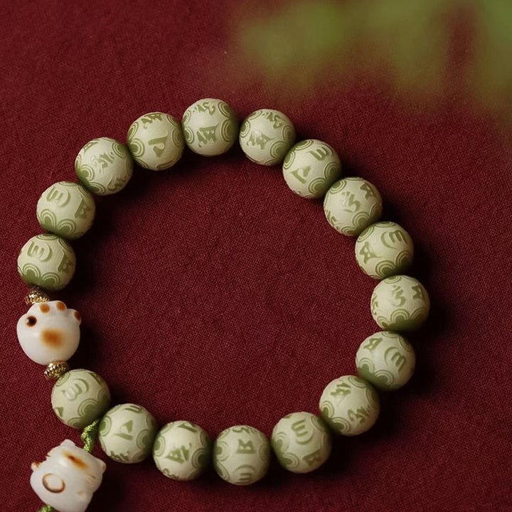 Pulsera de sabiduría grabada con Buddha Stones, semilla de Bodhi verde, pata de gato, Om Mani Padme Hum - image 9
