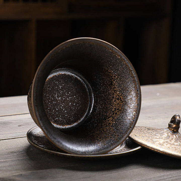 Taza de té y platillo de cerámica con esmalte de óxido Retro, Buddha Stones , Gaiwan Sancai, Kung Fu, con tapa