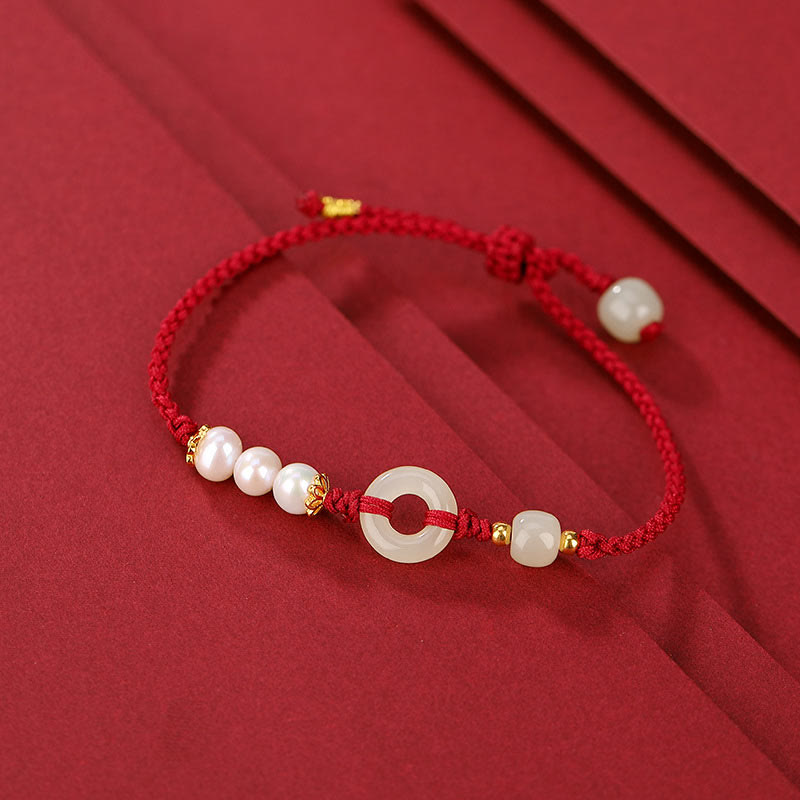 Pulsera de la suerte con perlas y hebilla de la paz de jade hetiano chapado en plata de ley 925 con Buddha Stones - Cuerda roja oscura (circunferencia de la muñeca 14-16 cm) - image 6