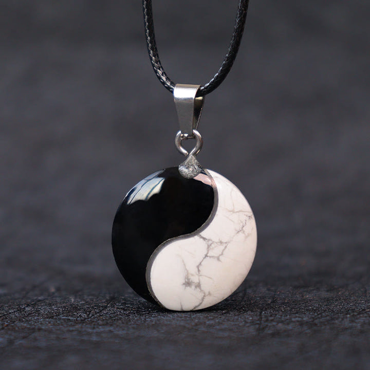 Buddha Stones Natural obsidiana negra turquesa blanca Yin Yang transformación collar con colgante de cuerda