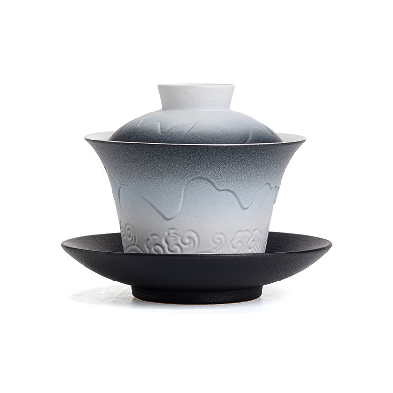 Taza de té de cerámica con gradiente de olas del mar, Retro Azul de Buddha Stones , Gaiwan Sancai, taza de té de Kung Fu y platillo con tapa