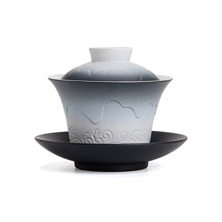 Taza de té de cerámica con gradiente de olas del mar, Retro Azul de Buddha Stones , Gaiwan Sancai, taza de té de Kung Fu y platillo con tapa