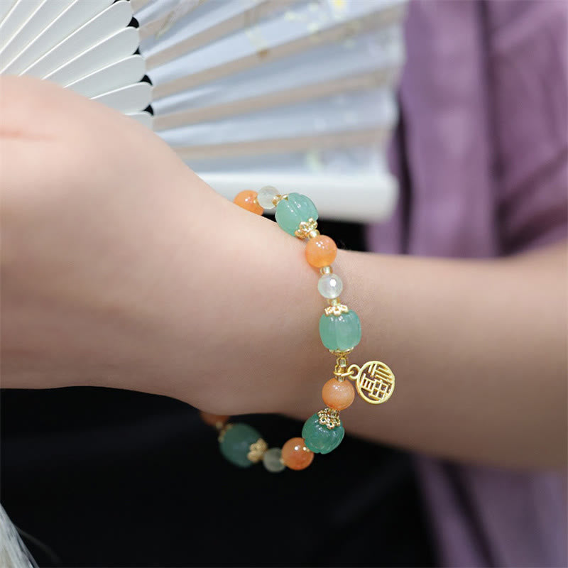 Pulsera de riqueza con dije de personaje Fu, cuentas de calabaza de Jade de seda dorada Natural con Buddha Stones