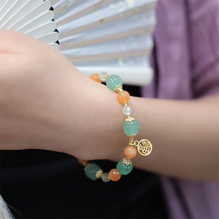Pulsera de riqueza con dije de personaje Fu, cuentas de calabaza de Jade de seda dorada Natural con Buddha Stones