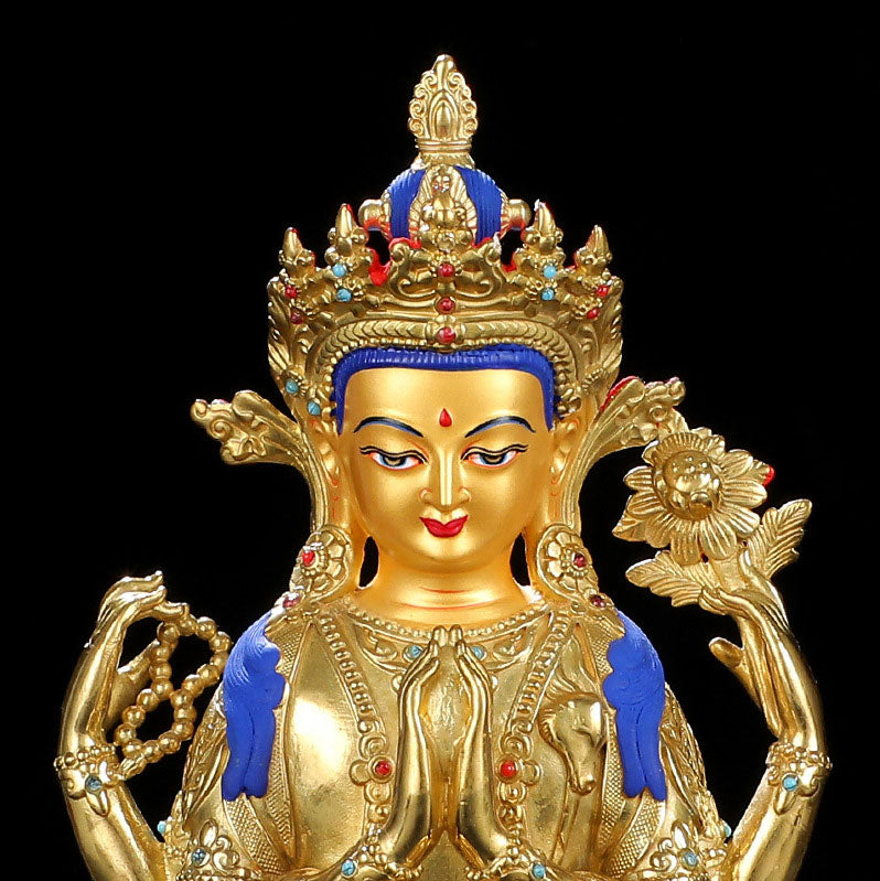 Chenrezig-Estatua chapada en oro y cobre con protección Avalokitesvara de cuatro brazos, decoración