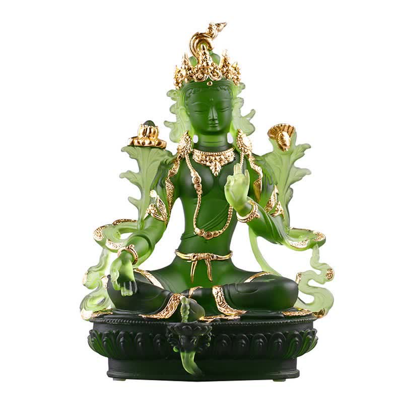 Bodhisattva Tara Verde hecho a mano Liuli Crystal Art Piece Protección Hogar Oficina Estatua Decoración - 16*9,5*22 cm - Tara verde dorada - image 19