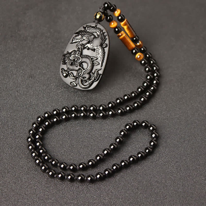Colgante de collar con cuentas de protección de dragón y fénix de ojo de tigre de obsidiana negra - Cadena de cuentas de obsidiana y ojo de tigre - image 12