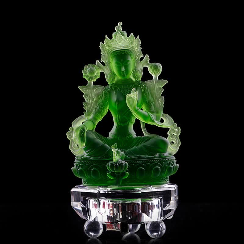 Bodhisattva Tara Verde hecho a mano Liuli Crystal Art Piece Protección Hogar Oficina Estatua Decoración - 8*6*12,8 cm - Tara verde y base - image 12