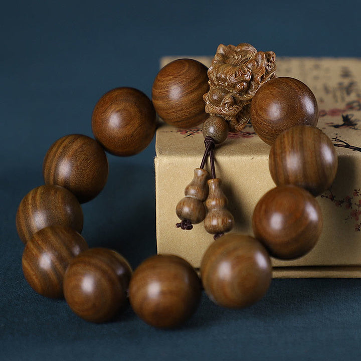 Pulsera de protección tallada con dragón de madera de agar, Buddha Stones , palisandro, sándalo verde, hoja pequeña, sándalo rojo