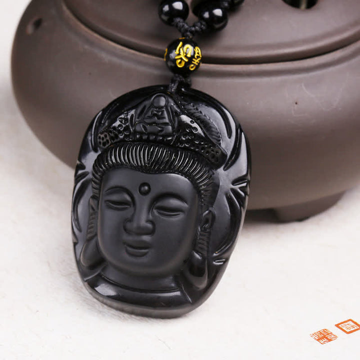 Buddha Stones Obsidiana Negra Natural Kwan Yin Avalokitesvara Collar de Cuerda de Fuerza Colgante - image 9