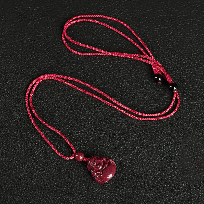 Buddha Stones, Buda sonriente, cinabrio, bendición, collar, colgante, decoración colgante para teléfono, llavero - Collar - Rojo - image 3