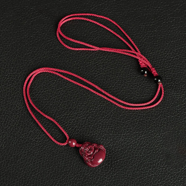 Buddha Stones, Buda sonriente, cinabrio, bendición, collar, colgante, decoración colgante para teléfono, llavero - Collar - Rojo - image 3