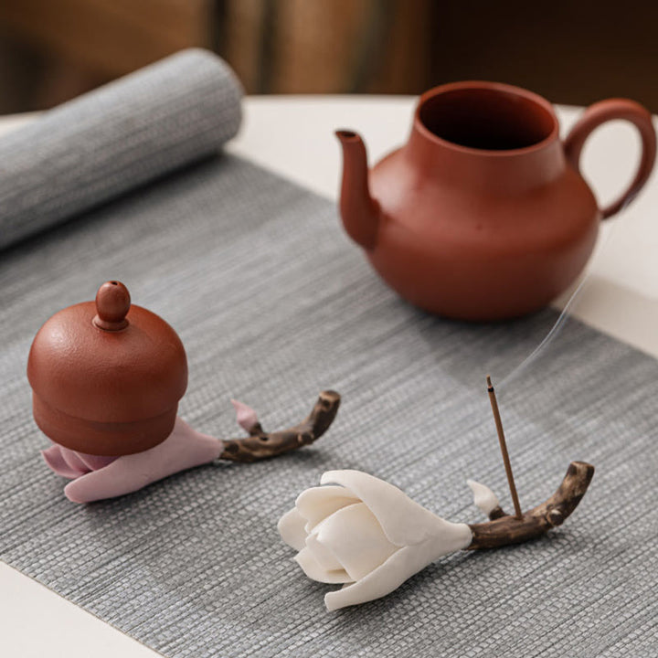 Quemador de incienso curativo de cerámica con diseño de flores de Gardenia, Buddha Stones, decoración