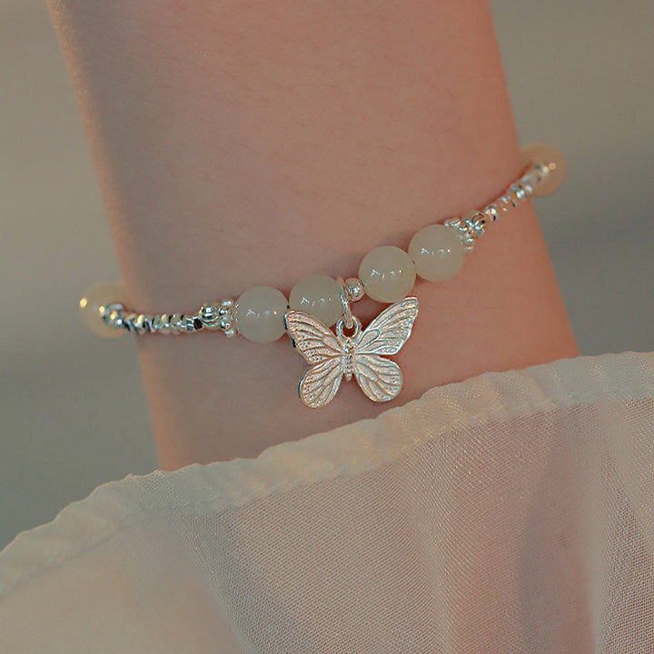 Pulsera con dije de mariposa de la suerte de jade hetiano natural de plata de ley 925 con Buddha Stones