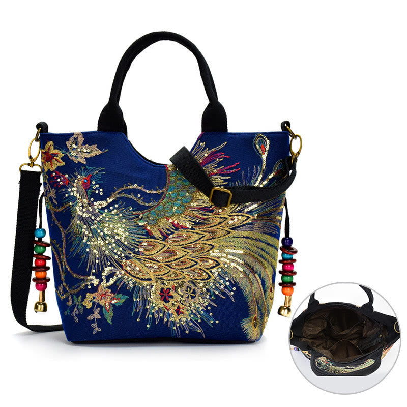Bolso de mano con bordado de doble cara de pavo real con Buddha Stones, bolso bandolera