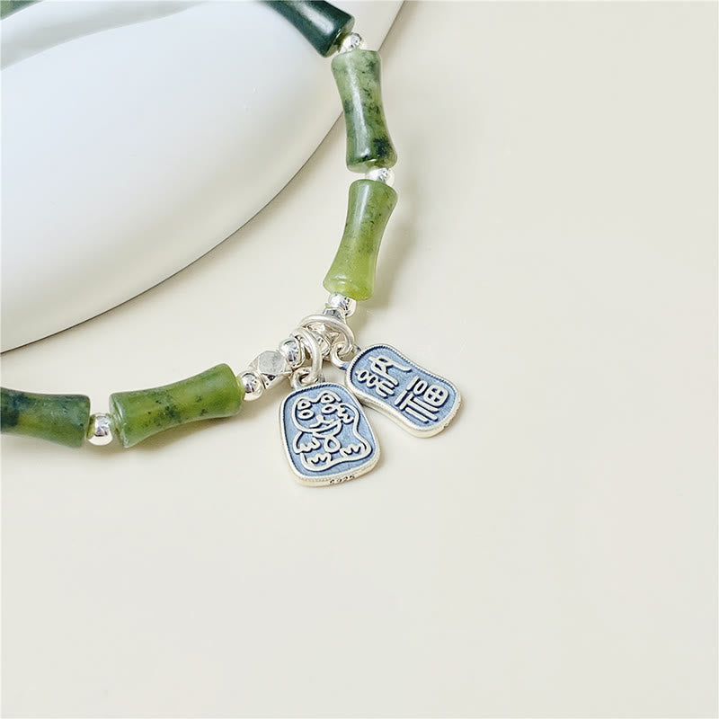 Pulsera de plata de ley 925 con Buddha Stones , bambú, jade, gato de la suerte, carácter Fu, suerte y abundancia - image 3