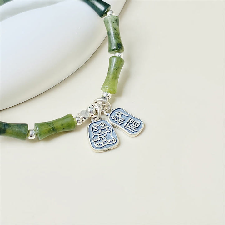 Pulsera de plata de ley 925 con Buddha Stones , bambú, jade, gato de la suerte, carácter Fu, suerte y abundancia - image 3