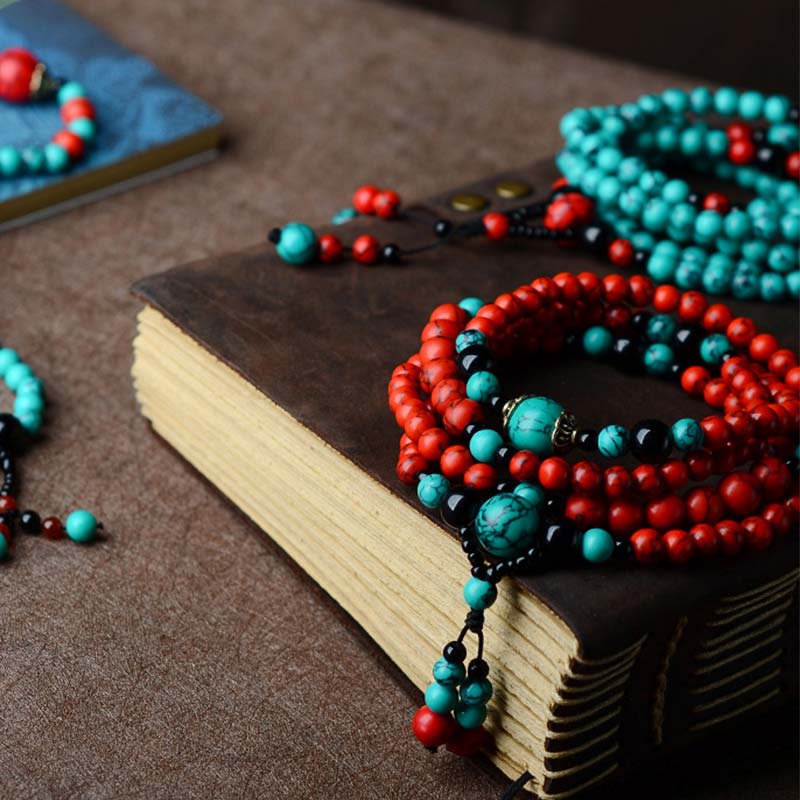 Pulsera de Protección de Cuentas de Turquesa Roja Ónix Negro Turquesa Buddha Stones