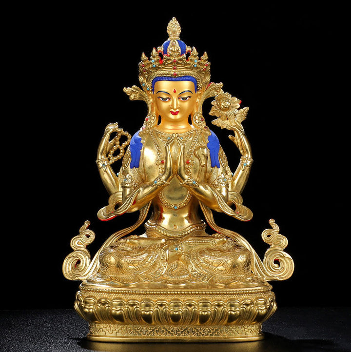 Chenrezig-Estatua chapada en oro y cobre con protección Avalokitesvara de cuatro brazos, decoración