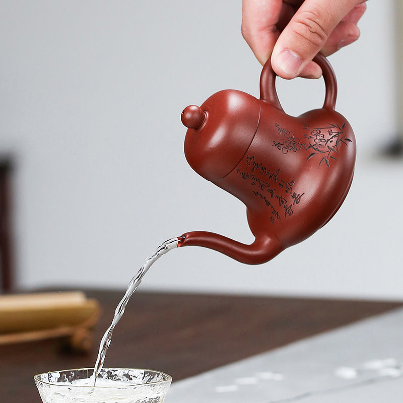 Tetera de kungfú de arcilla púrpura con flor de melocotón de bambú Vintage con Buddha Stones