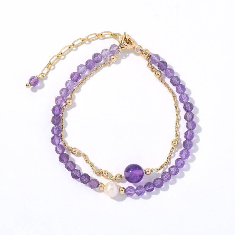 Pulsera de cadena de doble capa curativa con cristal de amatista chapada en oro de 14 quilates con Buddha Stones