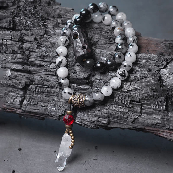 Pulsera de pareja de éxito de cristal blanco de madera de ébano de cuarzo rutilado negro