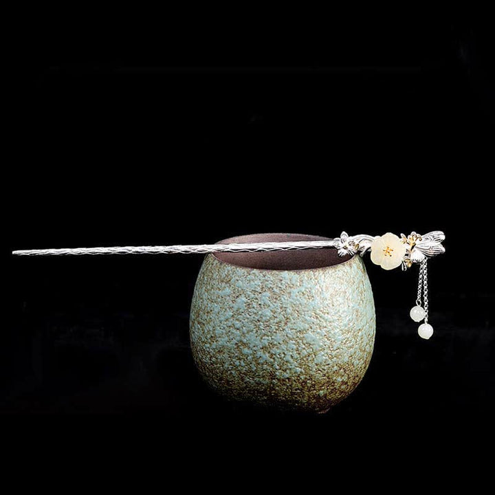 Horquilla de bendición de flor de jade blanco hetiano de plata de ley 925