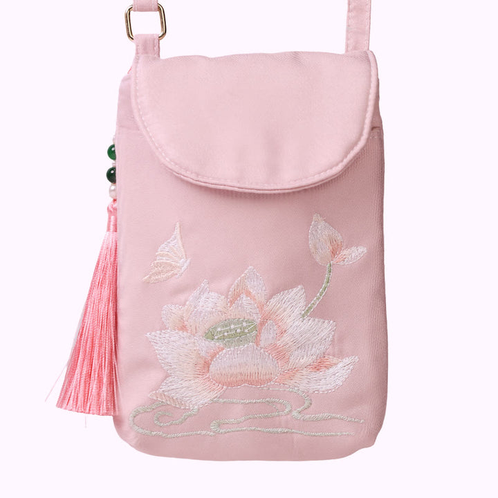 Bolso bandolera con flores bordadas pequeñas y Buddha Stones, bolso de hombro, bolso para móvil de doble capa
