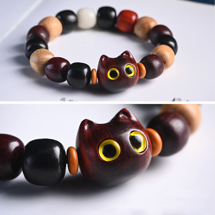 Pulsera de protección con grabado de gato lindo de madera de ébano de sándalo rojo de hoja pequeña con Buddha Stones - image 17